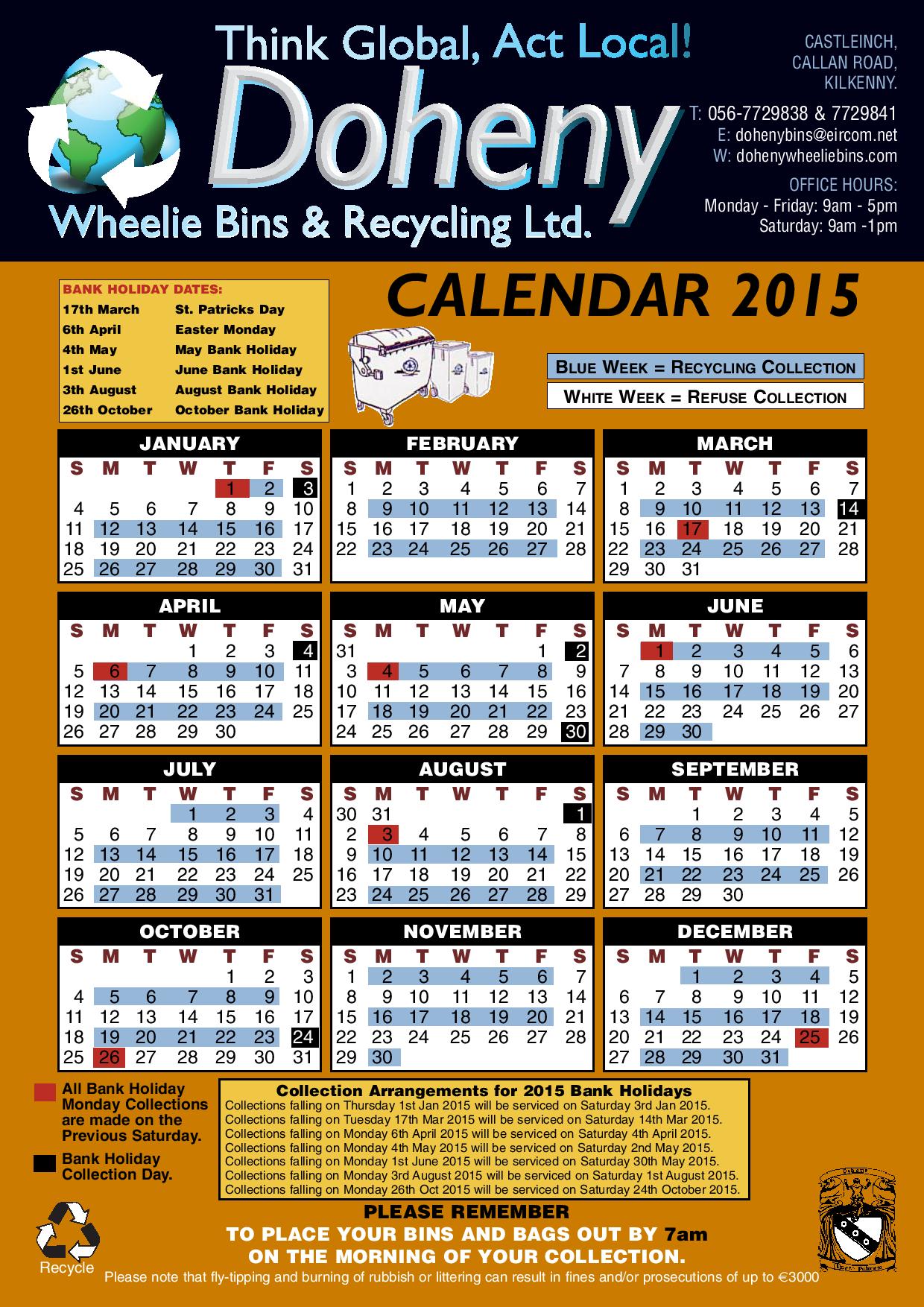 2015 Calendar Doheny Wheelie Bins & Recycling Ltd
