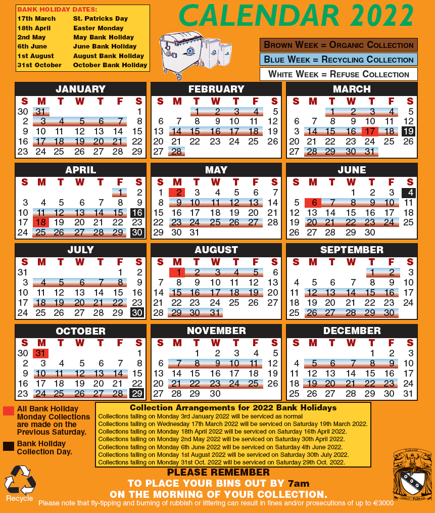 Collection Calendar 2022 Doheny Wheelie Bins & Recycling Ltd
